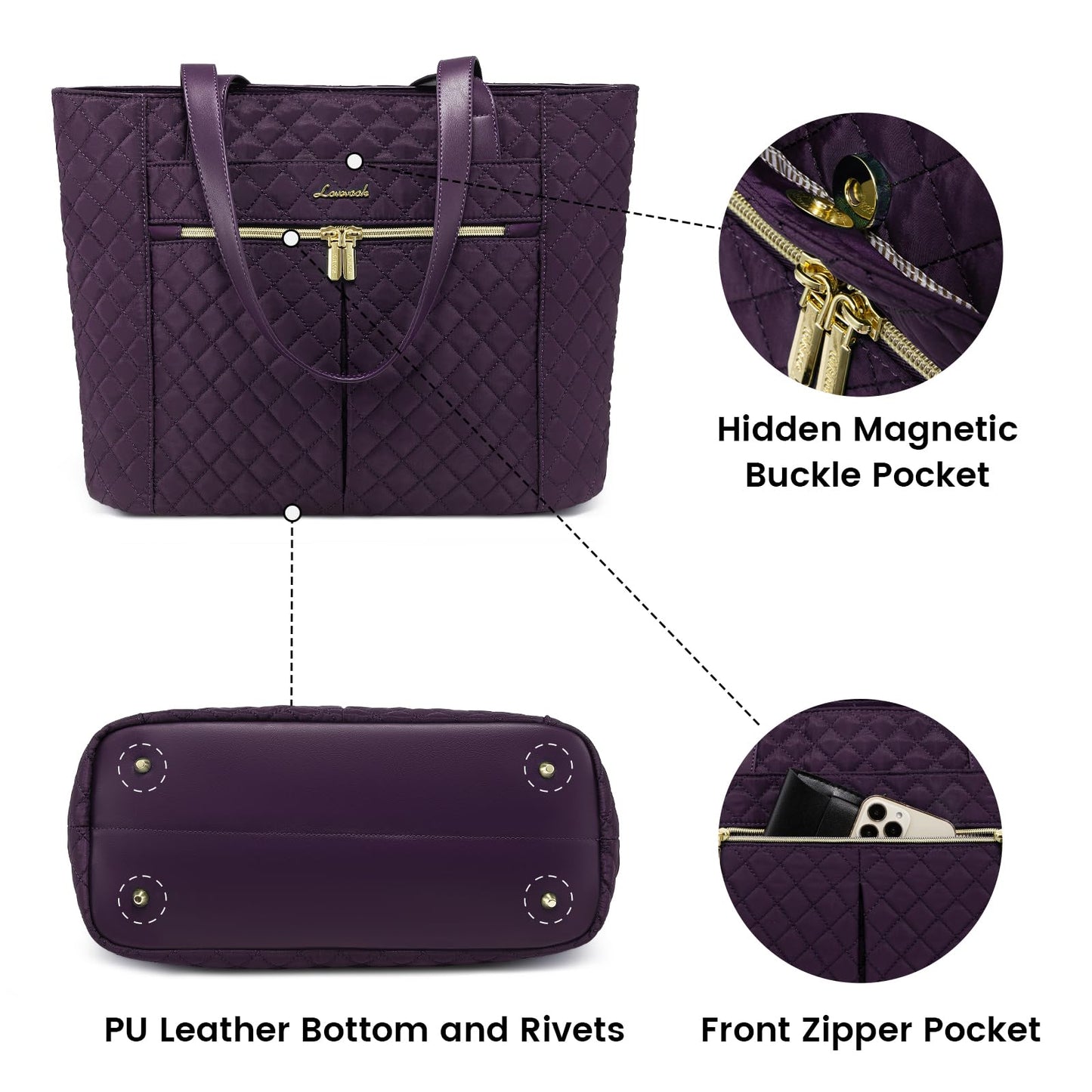 LOVEVOOK Laptop Bag for Women, Stylish Diamond Quilted Work Tote with Clutch Purse, 15.6-inch Purple Tote