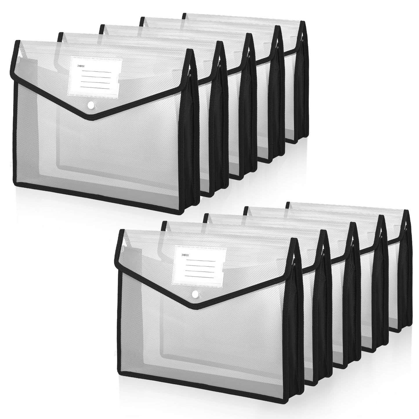 10-Pack Plastic File Folders Expanding Document Organizer with Snap Closure, Waterproof Transparent Pouch for Standard Letter Size Papers, Envelope Wallet with Card Slot & Durable PP Material