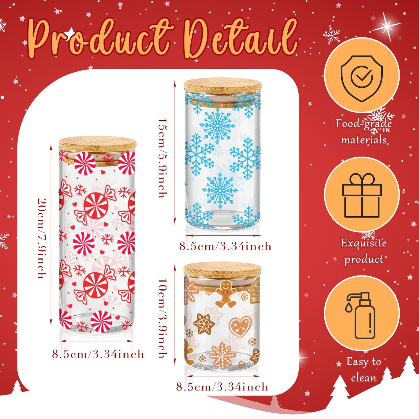 Cumule 3 Pcs Christmas Glass Storage Jars With Airtight Bamboo Lid Candy Cane Gingerbread Man Snowflake Glass Food Storage Jars with Wood Lid for Xmas Home Kitchen Containers Decoration