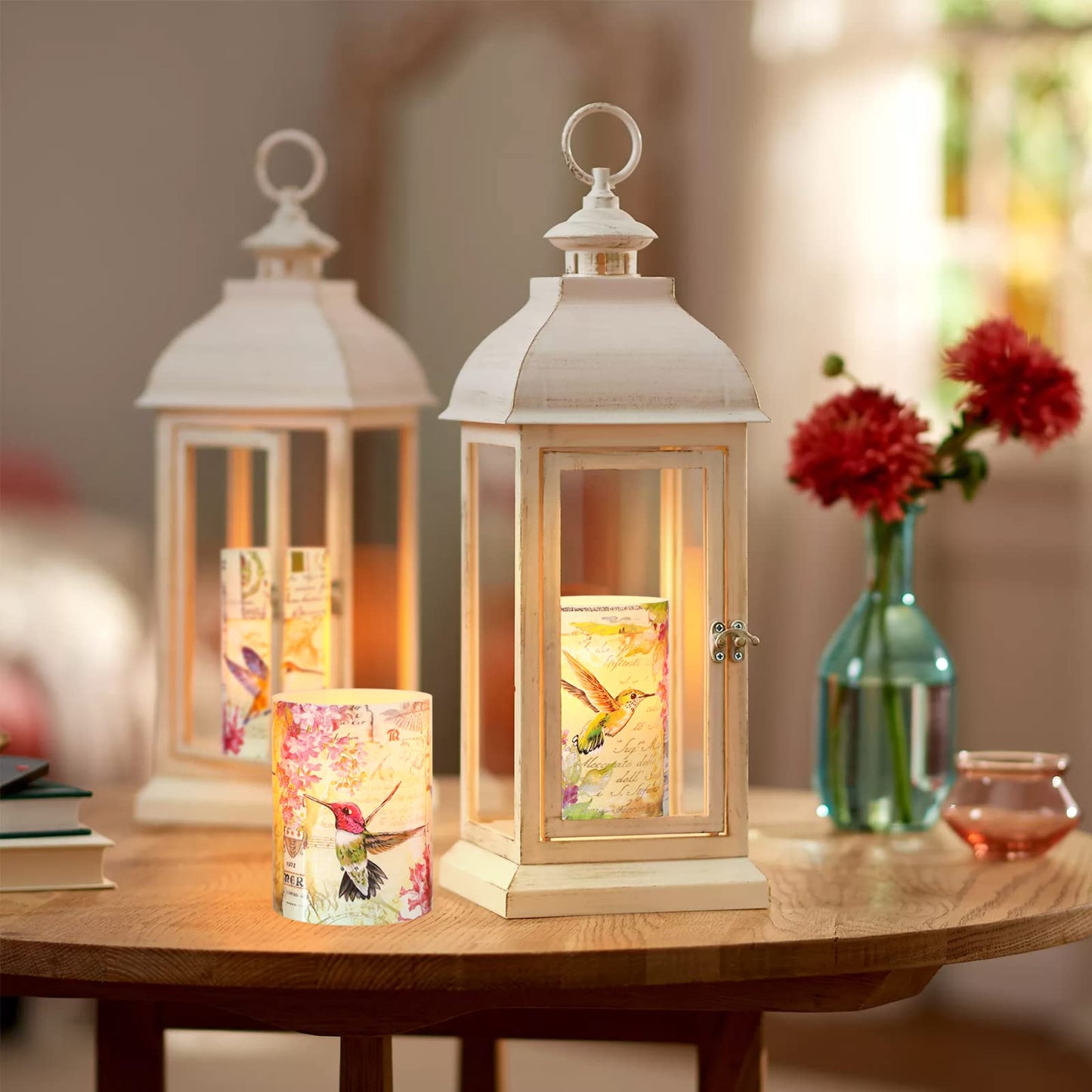 Immeiscent Flameless Candles Pink Hummingbird Floral Battery Operated Remote Timer Flickering LED Real Wax Pillar Candle Warm Light Spring Summer Decor for Home Fireplace Christmas Holiday Gifts
