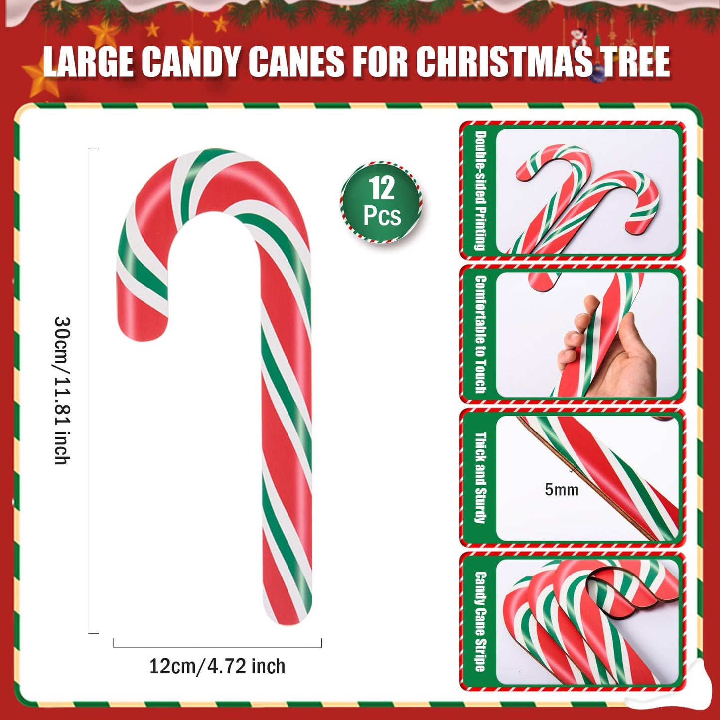 AWIZOM 12 Pcs 11.8 Inch Large Christmas Candy Canes Decorations Red White Green Wooden Candy Cane Ornaments Rustic Christmas Tree Hanging Decorations for DIY Crafts Xmas Holiday Party Supplies