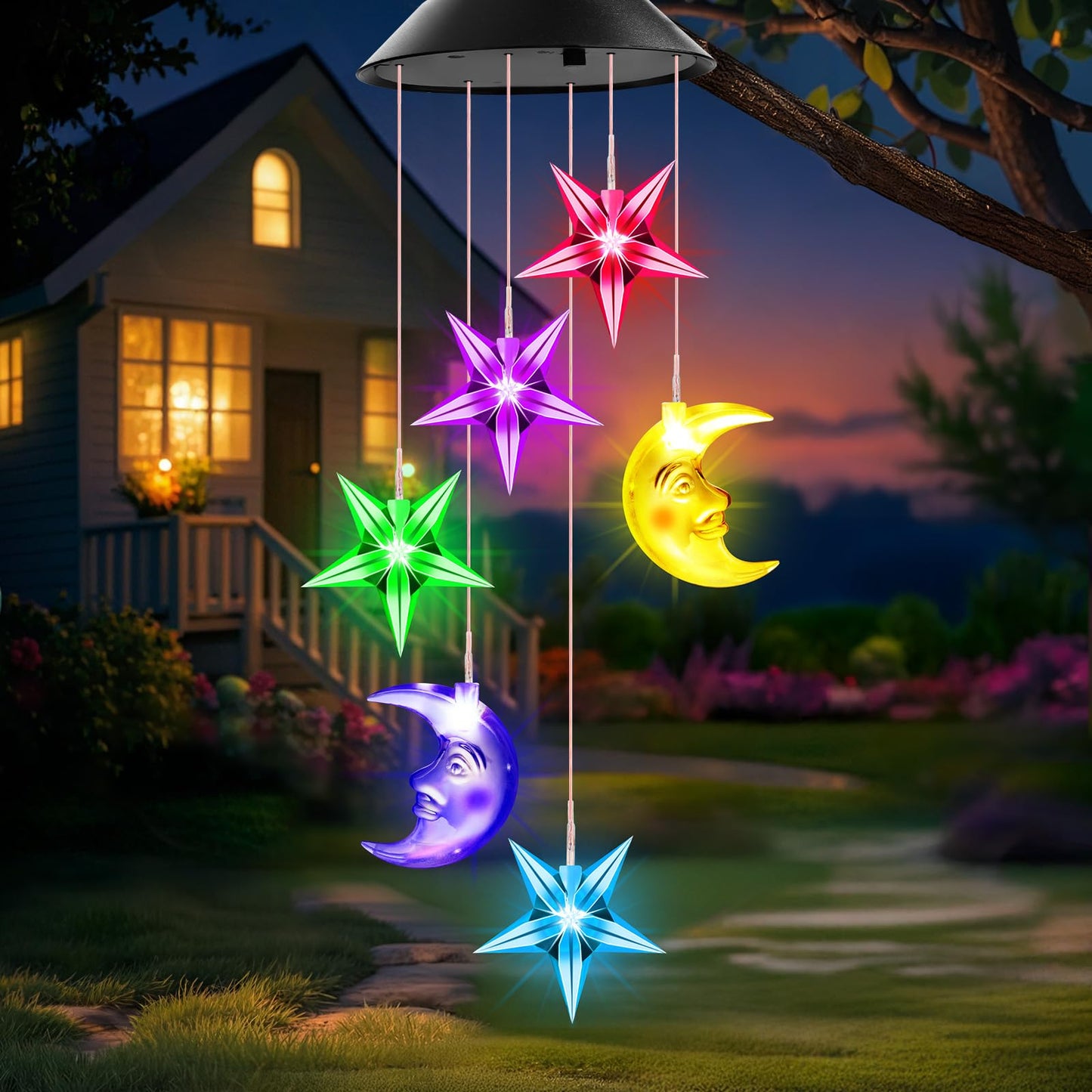 Birthday Gifts for Women Mom Grandma Her Wife, Winzwon Solar Lights Outdoor Wind Chimes for Outside Garden Yard Patio Porch Deck Hanging Decor, Moon and Star Gifts for Mothers Day