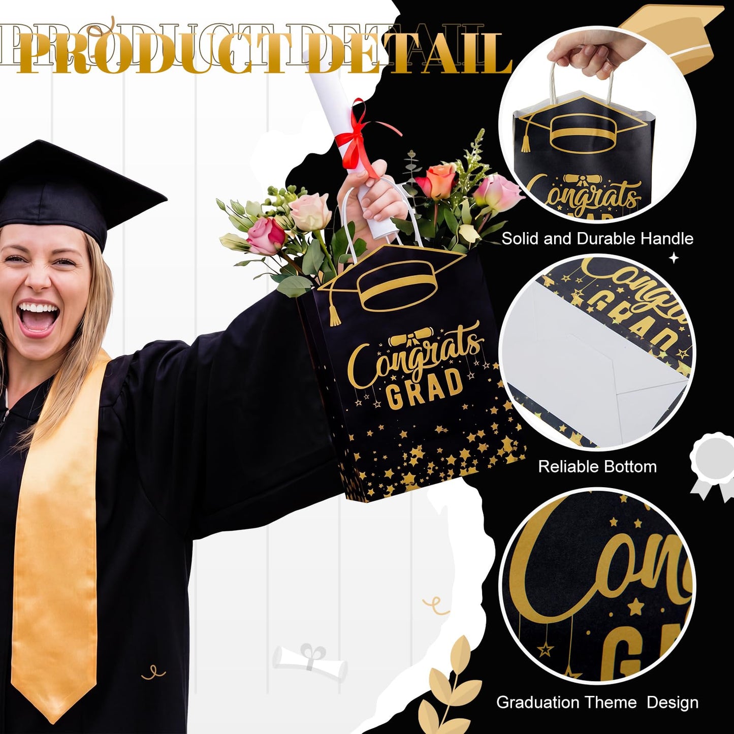 Geyoga 24 Pcs Graduation Gift Bags Bulk with Handles Class of 2026 Congrats Grad Party Favor Paper Bags Black and Gold Treat Goodie Bag for College High School University Gift Wrapping Supplies