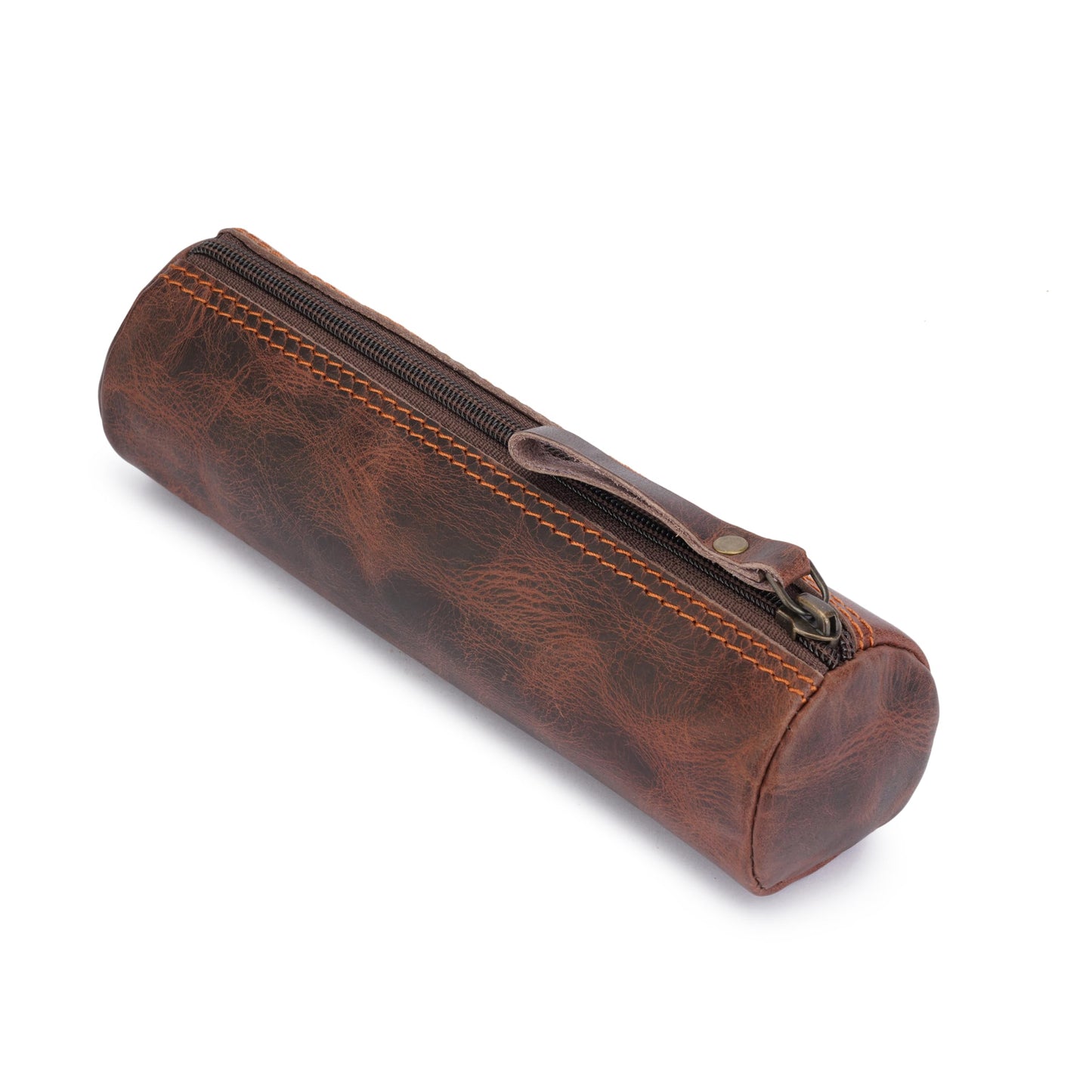 CestAntiQ Round Leather Zipper Pencil Case – Full Grain Handmade Pen, Marker & Sketch Pouch, Compact Tube-Shaped Organizer for Office & Travel, Premium Small Tool Holder for Adults – Brown