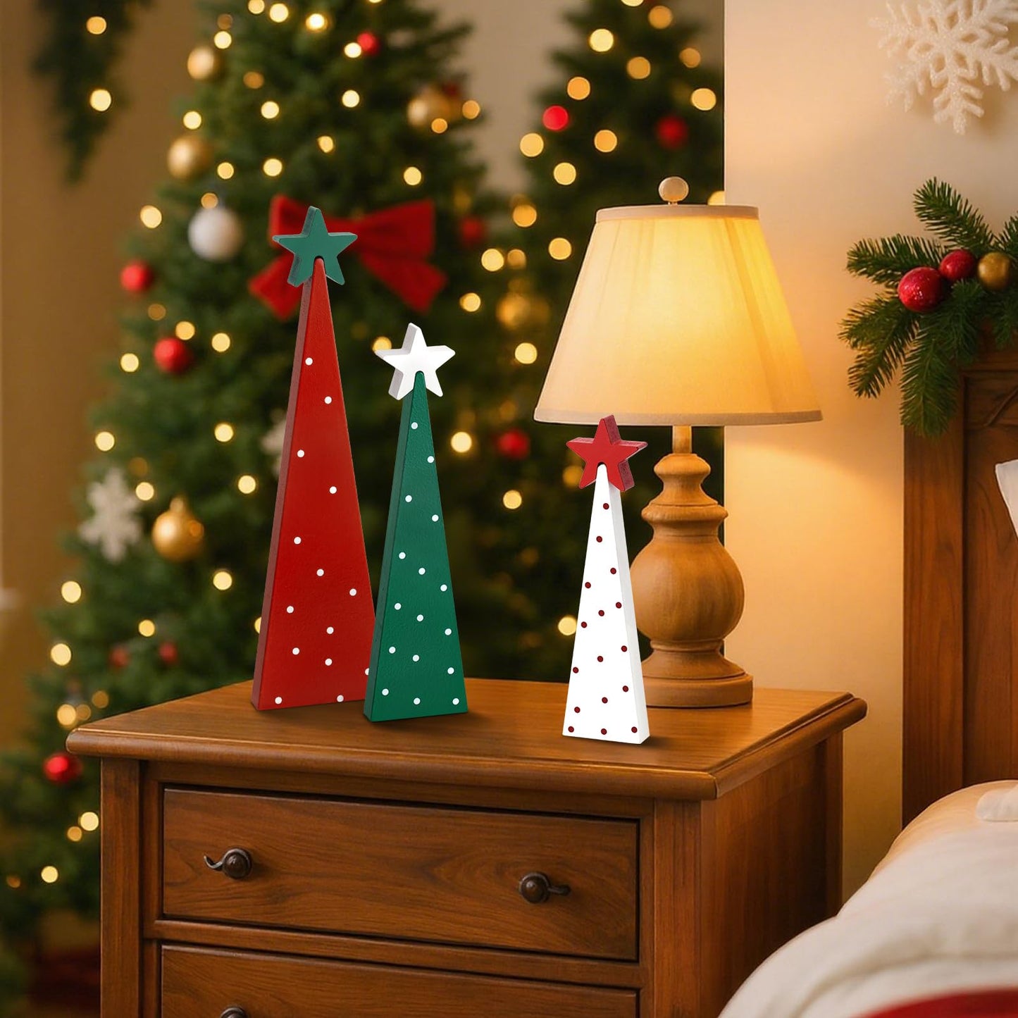 Shaxcoq Christmas Decorations Indoor – Wooden Tabletop Christmas Tree with Star Toppers, Festive Holiday Decorations for Mantel Fireplace Office Kitchen (3pcs)