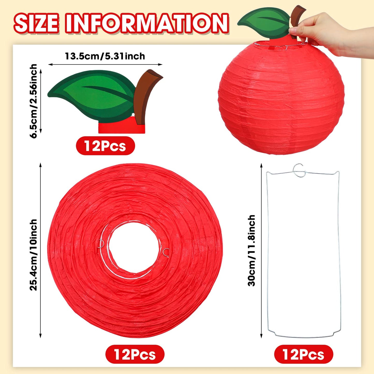 Retisee 12 Pcs 10 Inch Hanging Paper Lanterns Party Decorations Pastel Classroom Decor for Birthday Back to School Party Decoration for Classrooms Wedding Birthday Ceilings(Red,Apple)