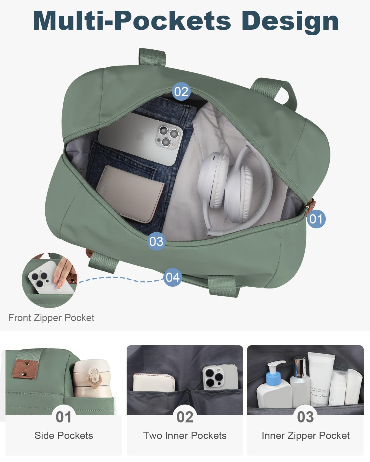 Pritent Travel Duffle Bag, Waterproof Weekender Overnight Hospital Bags for Women Men with Toiletry Bag Lightweight Personal Item Duffle Gym Bag for Travel, Airplanes, Sports(Green, Medium)
