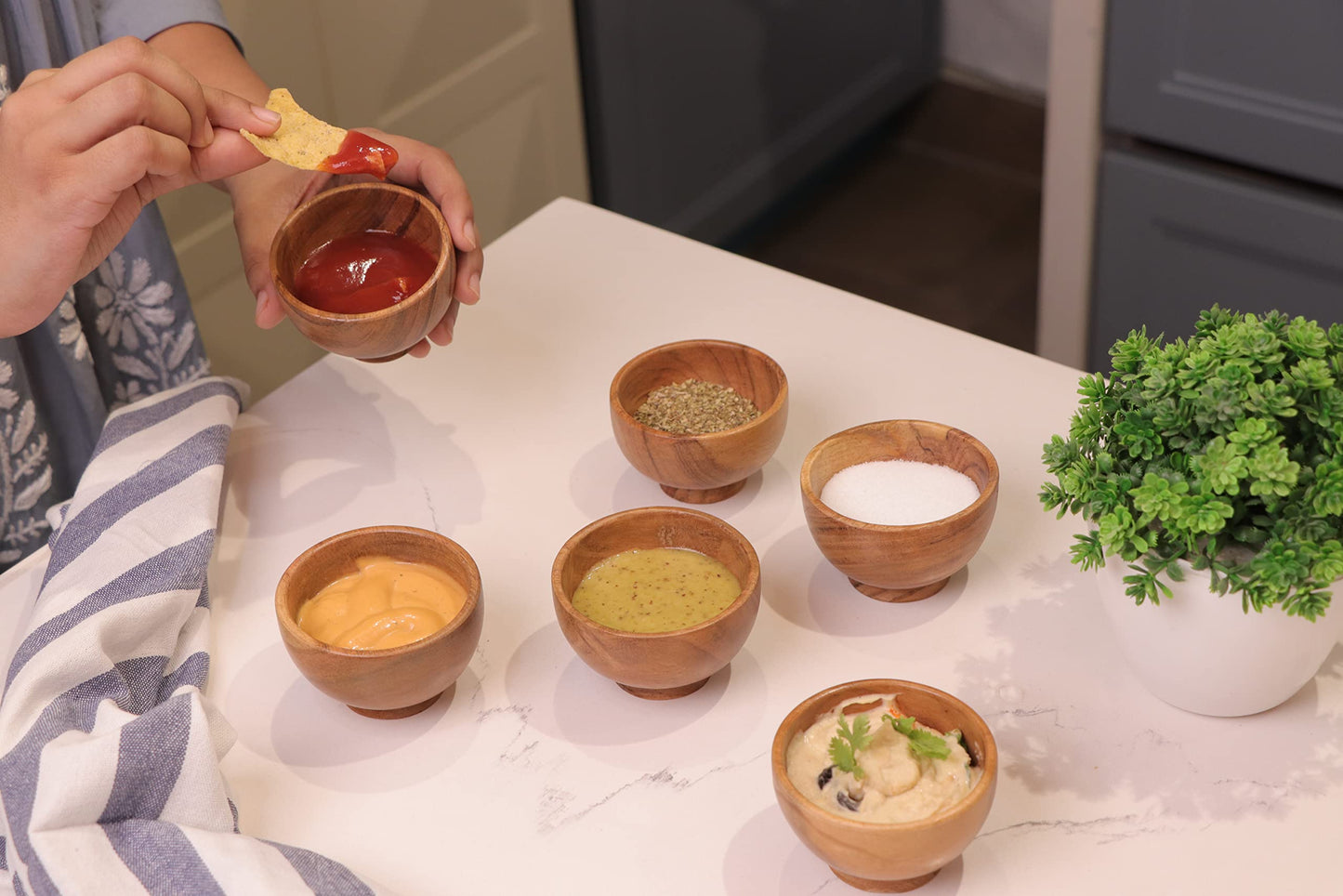 LAVAUX DESIGNS Set of 6 Acacia wood small bowls, 4 fl oz 3.2 * 2 inches | Hand carved small dipping bowls for sauce, salsa. Little bowls for ingredient prep, spices | Charcuterie boards accessories