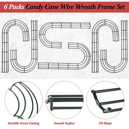 6 Pieces Christmas Candy Cane Shaped Wire Wreath Frame Holiday Metal Wire Flower Wreath J Letter Rings for DIY Christmas New Year Valentines Party Decoration (16 Inches)