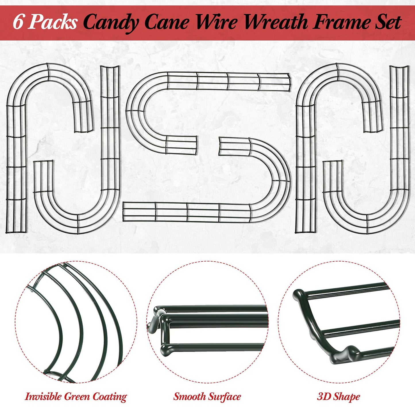 6 Pieces Christmas Candy Cane Shaped Wire Wreath Frame Holiday Metal Wire Flower Wreath J Letter Rings for DIY Christmas New Year Valentines Party Decoration (12 Inches)