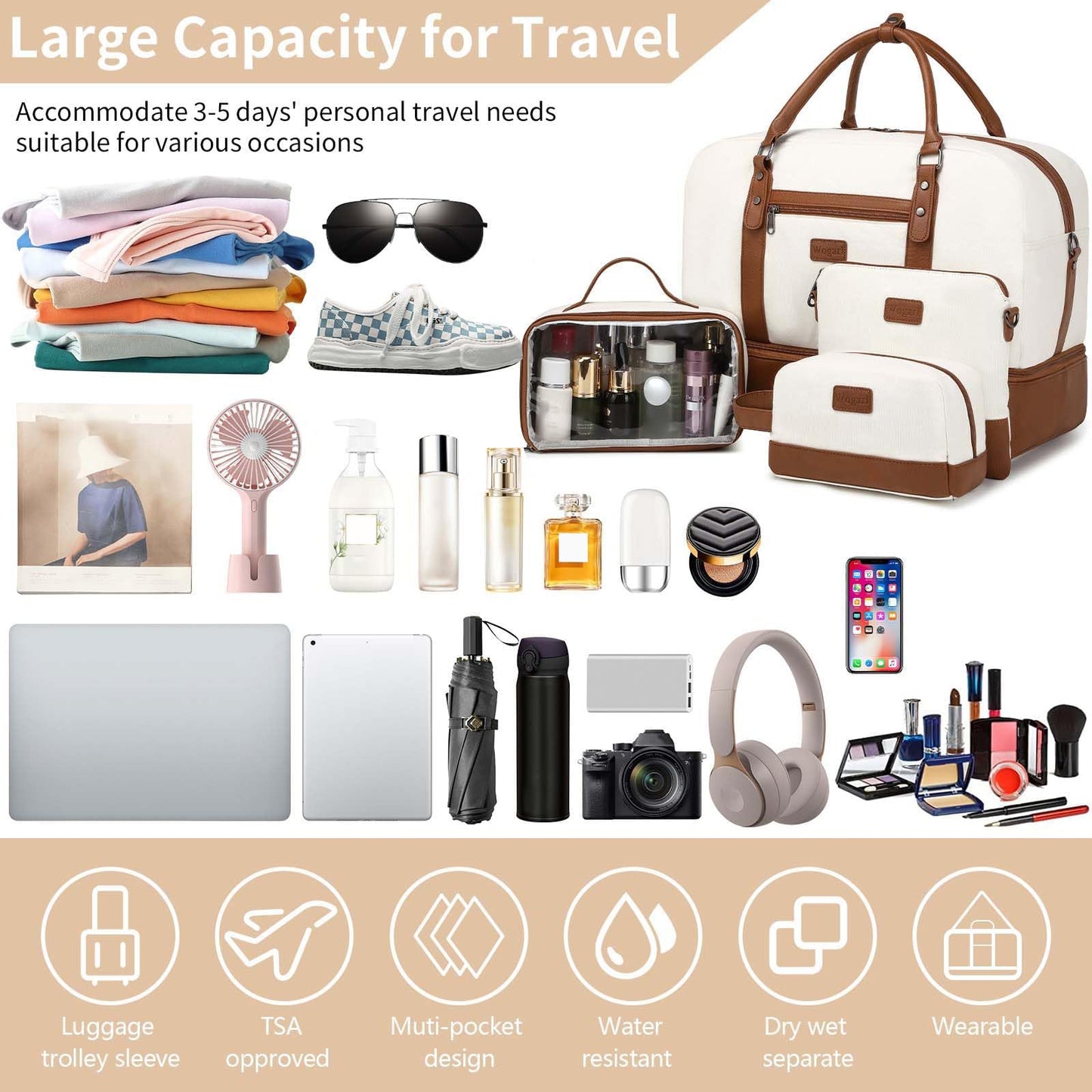 Wogarl 4PCS Weekender Bags for Women Large Overnight Weekend Travel Duffel Carry on Shoulder with Shoe Compartment Canvas Toiletry Bag for Travel Business Gym,Beige