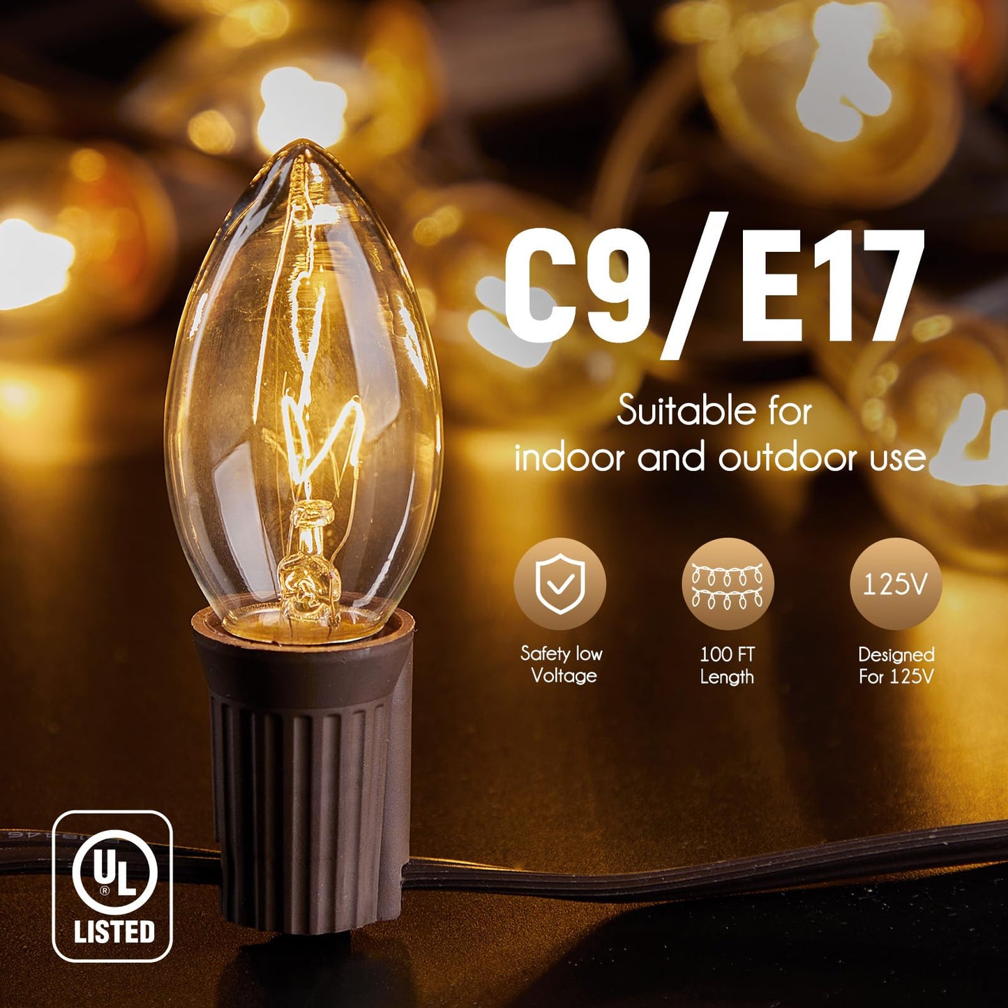 C9 Light Strand, 100 FT Outdoor String Lights Christmas Stringer with 100 Sockets for Christmas Decor Patio, E17 Light Socket, 12 Spacing, Brown Wire