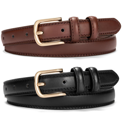 Alphyly Neries 2 Pack Leather Belts for Women Trendy, Women's Belts for Jeans Pants Dresses with Gold Buckle, Black and Coffee, Fits Waist Size 39-43”