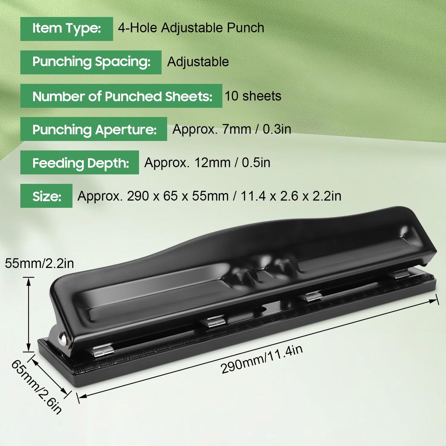 Adjustable 4-Hole Paper Puncher for A4 Refills - 10 Sheet Capacity - Portable Manual Tool with 6mm Hole Diameter - Black Desktop Ring Puncher for Office and School Supplies 999D