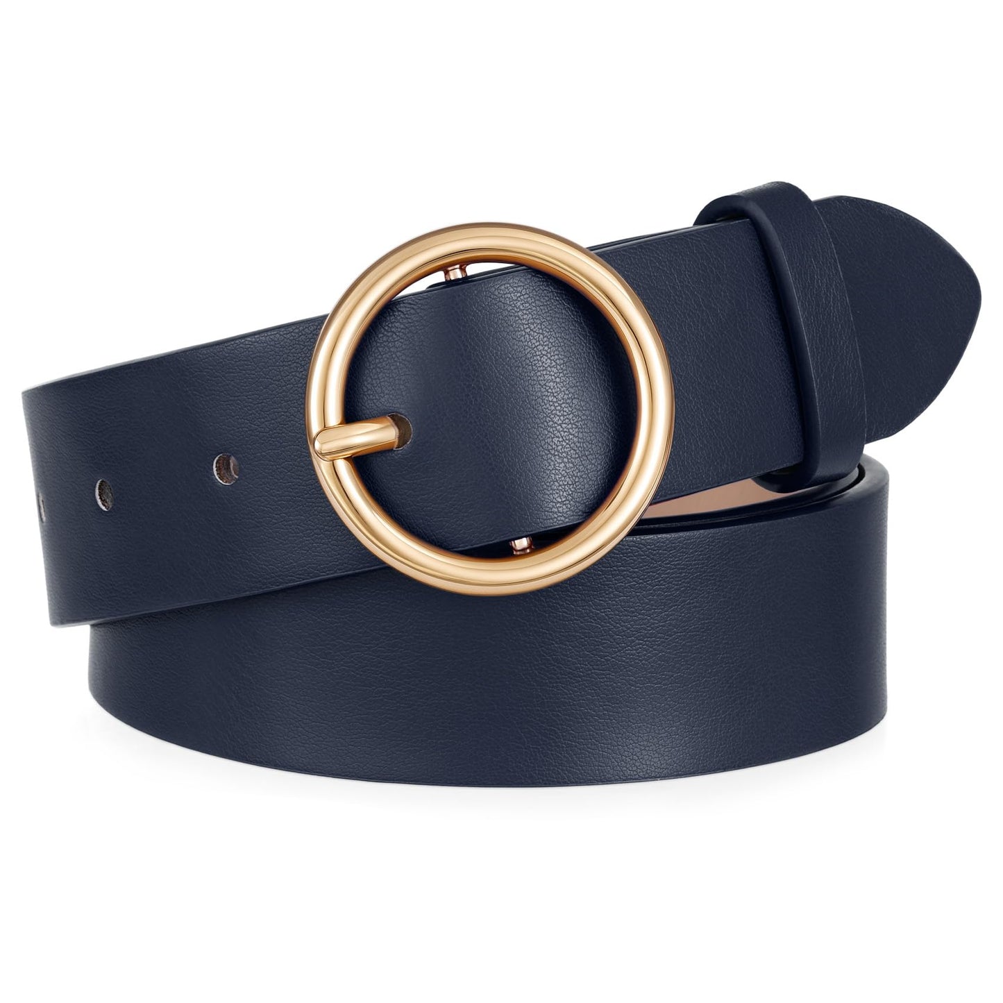 XZQTIVE Women Leather Belt with Circle Gold Buckle Fashion Ladies Waist Belt for Jeans Pants Dresses，Navy