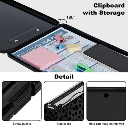 Clipboard with Storage,Plastic Storage Clipboard with Low Profile Clip, Heavy Duty Nursing Clipboards Foldable,Coaches Clipboard Case for Work, Teacher,Office School Supplies,Black Leopard Print