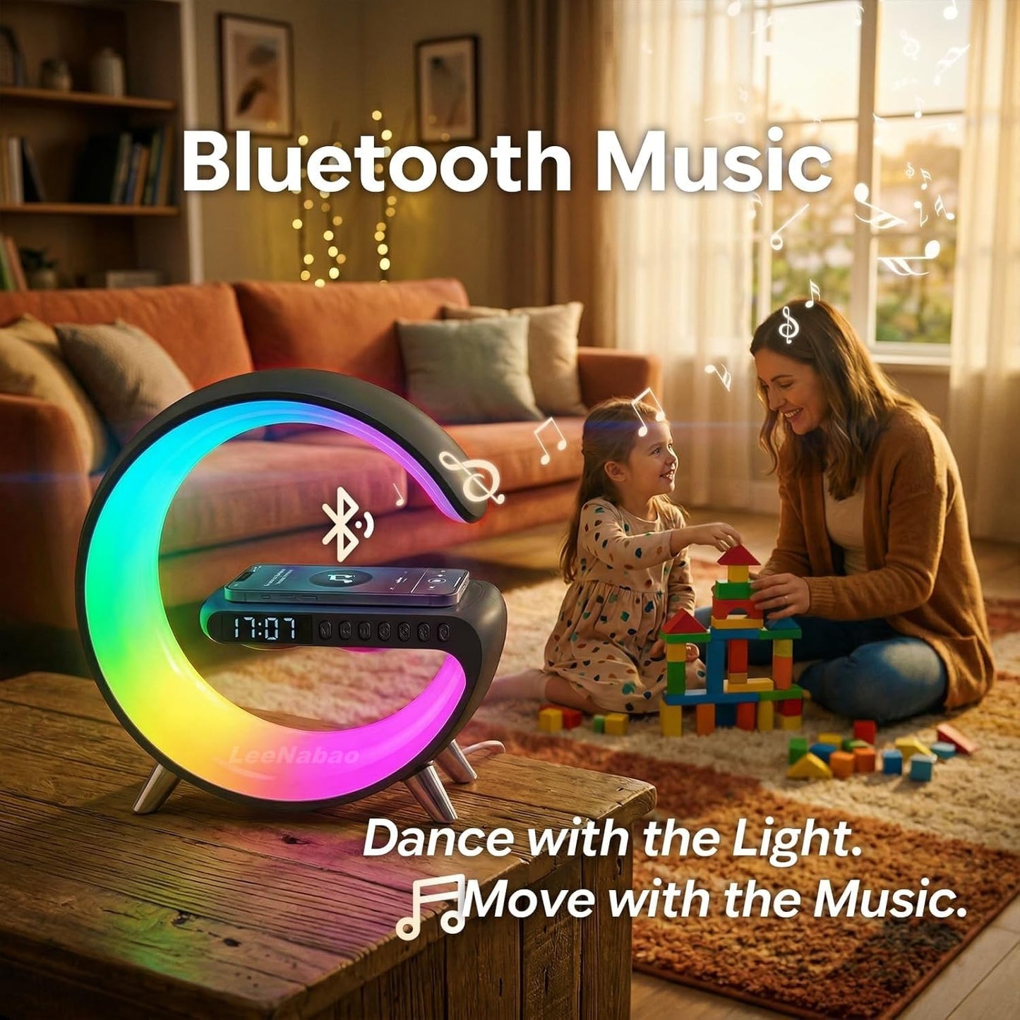 Smart LED Table Lamp,4-in-1 Wireless Charger with Speaker,Night Light, Alarm Clock, and Bluetooth Speaker with App Control, Ideal Gifts for Home, Office, Christmas (Light Black)