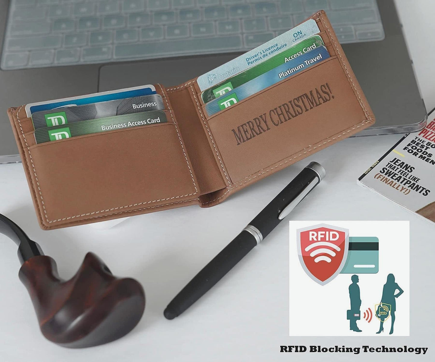 CraftZen Custom Genuine Leather Wallet for Men, RFID Blocking Personalized Bifold Wallet with ID Window, Engraved Real Leather Wallet for Men with Gift Box (Brown)