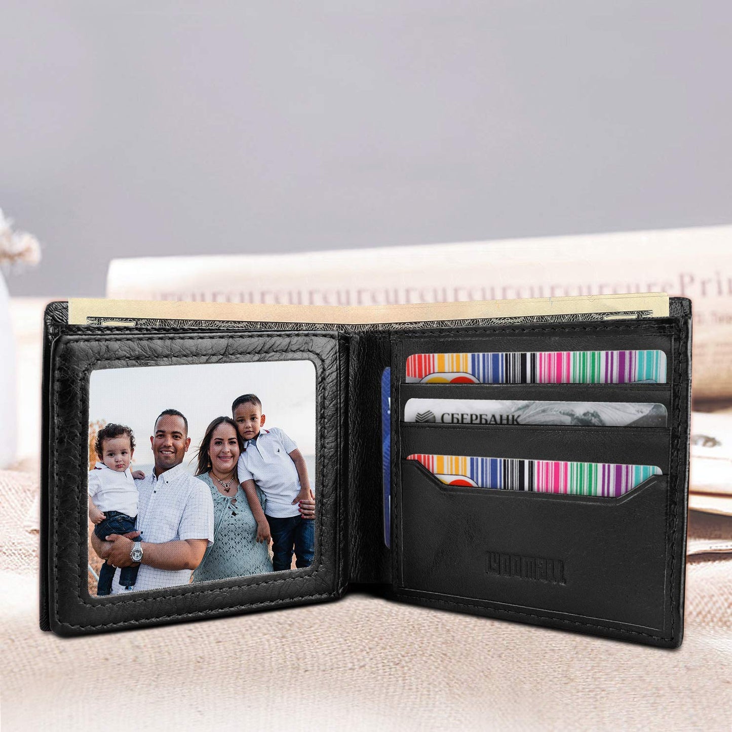 LYOOMALL Wallet for Men, Large Capacity Genuine Leather RFID Blocking Bifold Wallet/Credit Card Holder for Men, with Coin Pocket, Zipper Cash Pocket, ID Window and 10 Card Slots (Black)