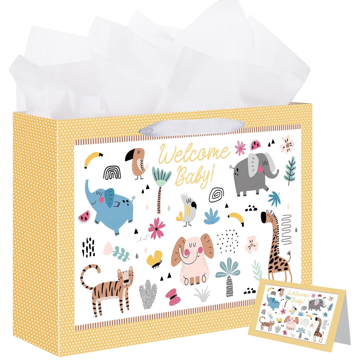 woric 14.5" Baby Gift Bag for Baby Shower with Tissue Paper and Greeting Cards for Boys Girls Birthday Party(Cute Animals)