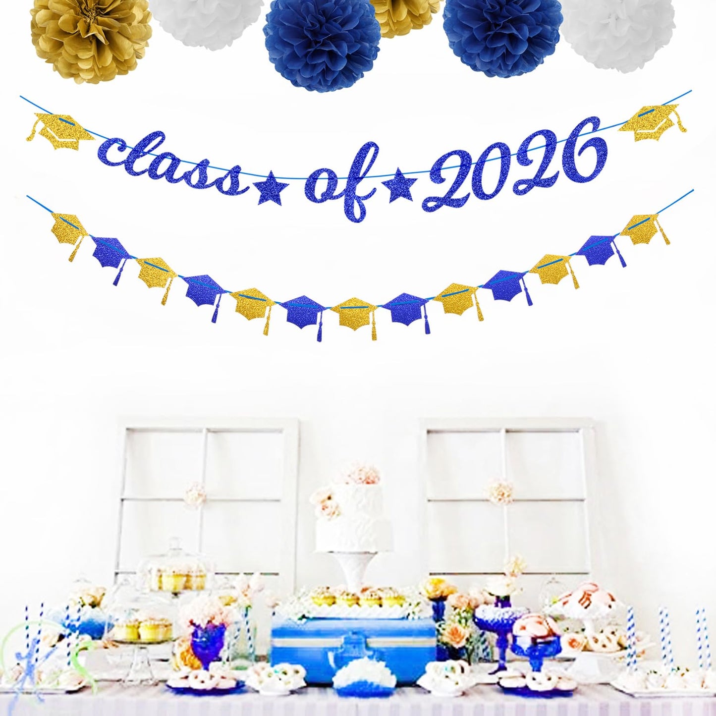 Navy-Blue White-Gold Party-Decorations Graduation Banner - 8pcs Kits Class of 2026 Cap Garland Streamers, Paper Tissue Pom Poms Flowers, Congratulations Grad Decor Lasting Surprise