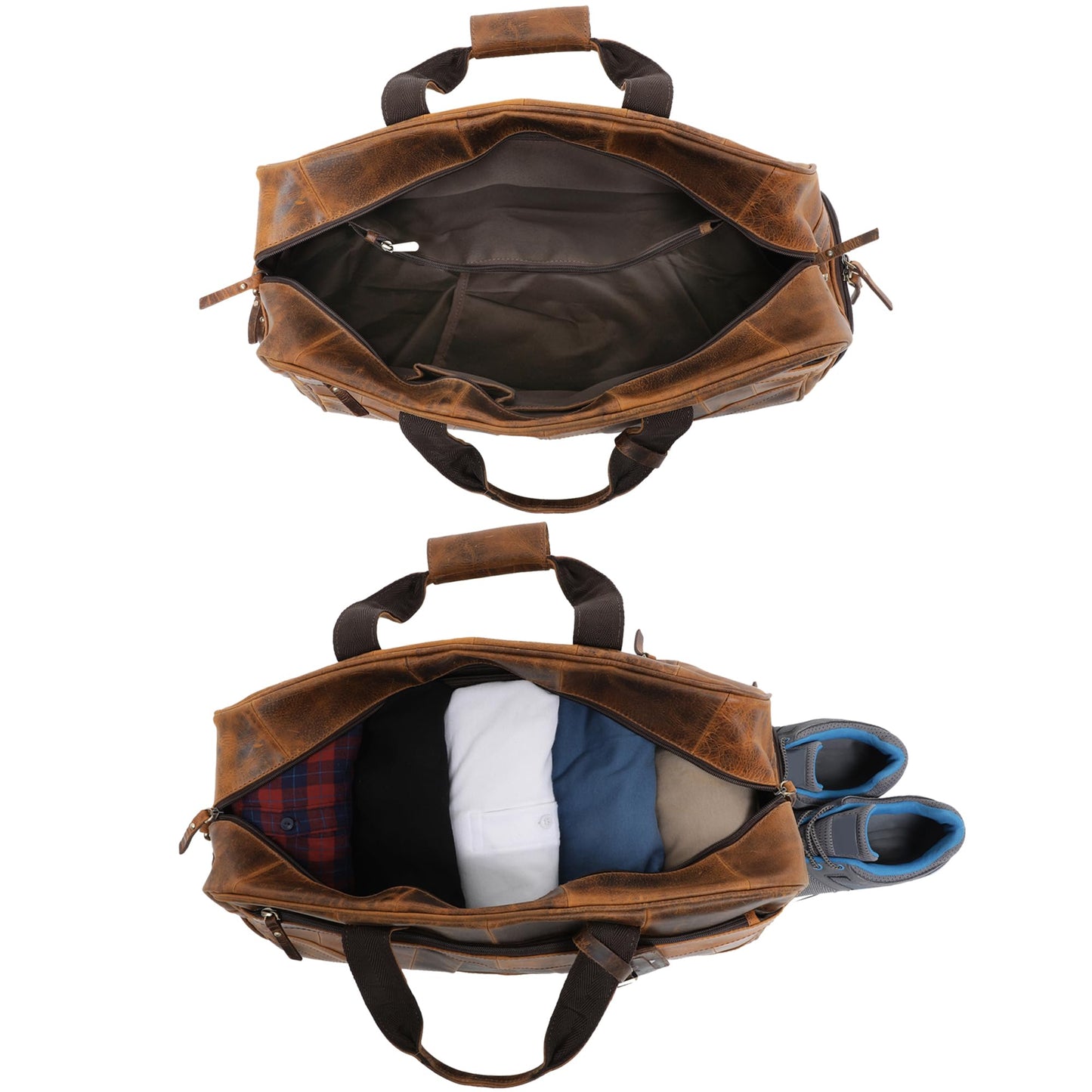 Leather Duffle Bags for Men - Handmade Full Grain Leather Weekender Bag with 2 Shoe Compartment, Underseat Carry On Travel Luggage