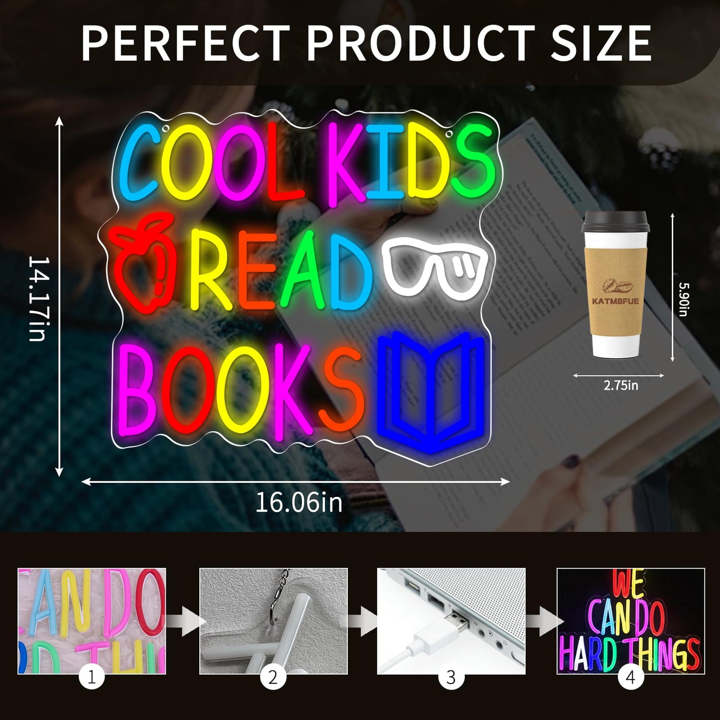 Cool Kids Read Books Neon Sign for Wall Decor, Reading Letter LED Neon Lights Library Neon Signs, Kids Room Reading Corner Classroom Christmas Bedroom Decoration 16.06 x 14.17 inch