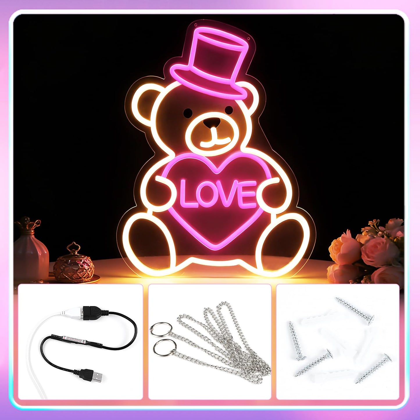 RumonZS 15" Valentines Day Cute Bear Neon Sign Pink Love Heart Neon Light for Wall Decor Dimmable USB Led Sign Bear Neon Lights Bedroom Wedding Anniversary Decor Birthday Gift for Girlfriend