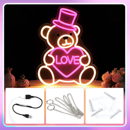 RumonZS 15" Valentines Day Cute Bear Neon Sign Pink Love Heart Neon Light for Wall Decor Dimmable USB Led Sign Bear Neon Lights Bedroom Wedding Anniversary Decor Birthday Gift for Girlfriend