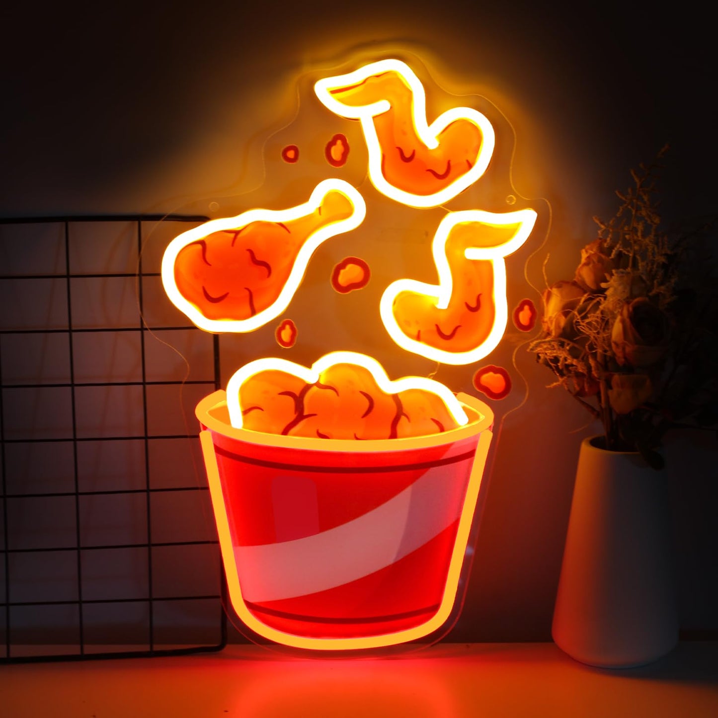 Fried Chicken Neon Sign, Chicken Led Light USB Powered Dimmable LED Sign for Street Food Neon Light, wall light retro, fast food sign, decor bar, fried chicken sign, Food Signs for Buffet