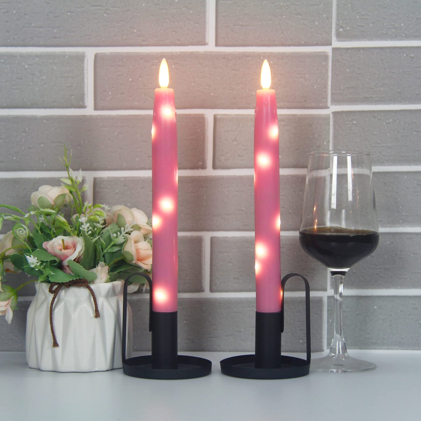 HVTDECOR Flameless Flickering Taper Candles Battery Operated with Embedded String Lights, wtih Timer and Remote, LED Real Wax Tapered Dinner Candle Set of 2 (Pink)