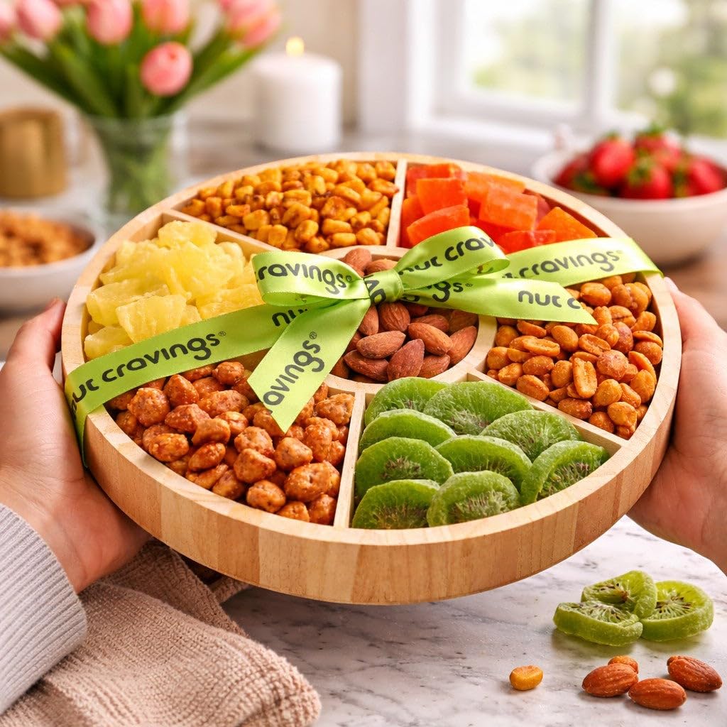 NUT CRAVINGS - Dried Fruit & Mixed Nuts Gift Basket in Reusable Round Wooden Tray + Ribbon (7 Assortments) Food Arrangement, Healthy Snack Care Package, Kosher Treats for Adults