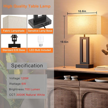 Nightstand Table Lamps for Bedrooms Set of 2 - Touch Bedside Lamp with USB C+A, 3 Way Dimmable Living Room Lamps for End Tables Set of 2, Modern Night Stand Lamps for Bed Side Guest Room(Cream)