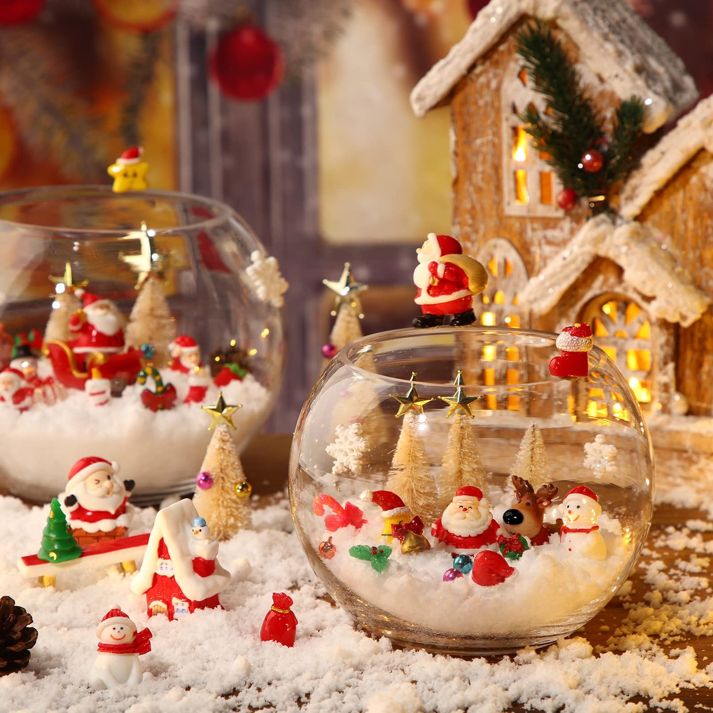 Roowest 96 Pcs Miniature Ornaments for Snow Globe Kit DIY Christmas Village Decoration Christmas Figurines Mini Ornaments with Snowman Reindeer Santa Claus Snowflake(Beige)