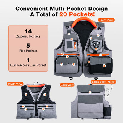 Goture Fishing Vest, Lightweight Breathable Nylon Fly Fishing Vest Pack for Men and Women, 18 Pockets Vests with Dedicated Quick-Access Line Pocket, Waistcoat Jacket for Outdoor Activities
