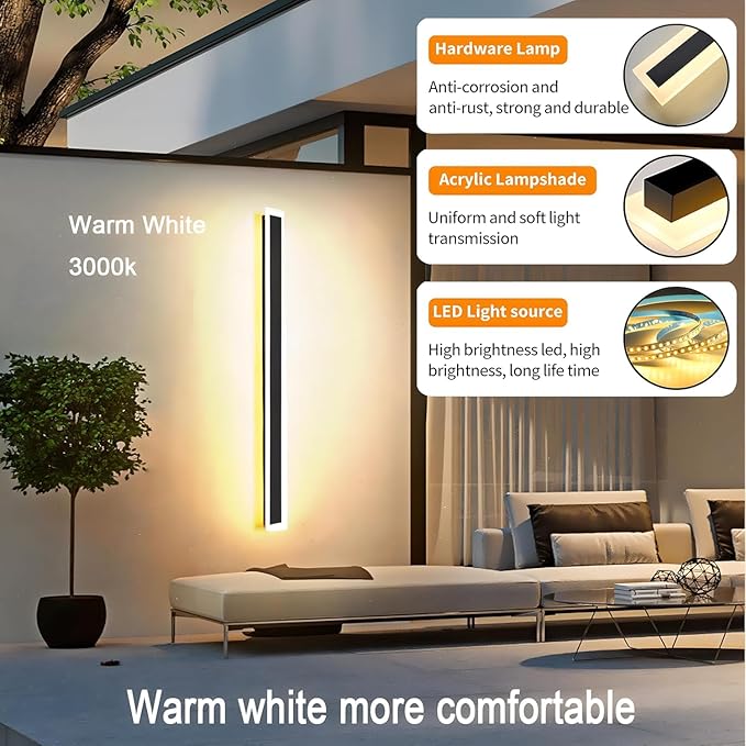 2Pack 71inch Long Outdoor Modern LED Wall Light,55W Waterproof IP65 Warm White 110V led Wall Mount Lighting Fixture Rectangular Black Wall Lights Elegant Frosted White Acrylic Anti Rust.