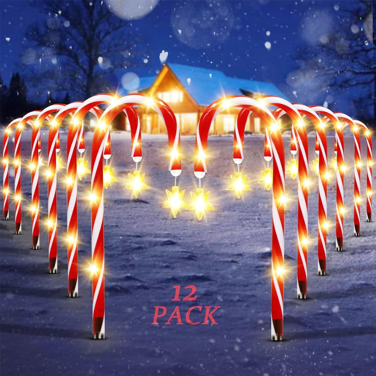 12 Pack Outdoor Christmas Decorations Solar Candy Cane Lights Solar Christmas Pathway Lights Outdoor Waterproof with Star & Bright LED 8 Modes Xmas Decorations for Outside Yard Garden