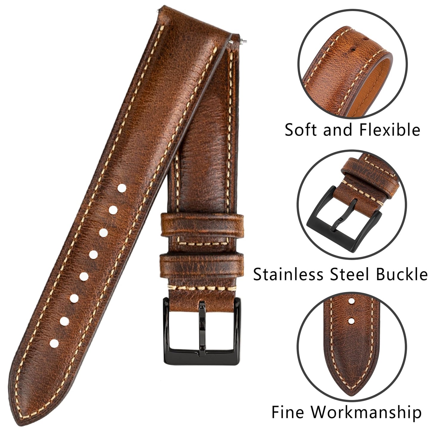 Gomvadr Quick Release Leather Watch Bands 14mm 16mm 18mm 19mm 20mm 21mm 22mm 24mm ,Vintage Oil Wax-Tanned Leather Watch Straps Men's Watch Band Replacement Watch Strap for Men Women,Tan with Contrast Stitch/Blk Buckle, 18mm