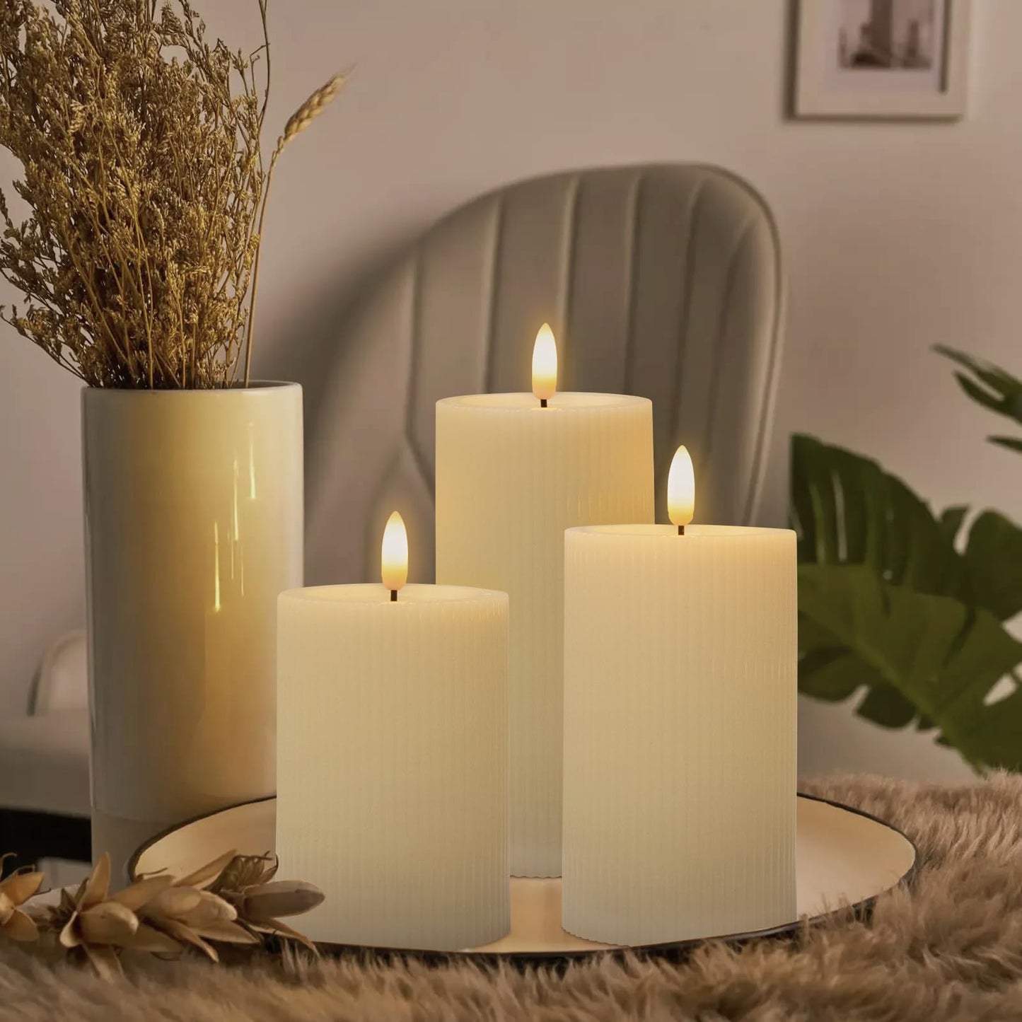 ANGELLOONG Battery Operated Candles with Remote, LED Flameless Candles Flickering with Timer, Fake Electric Pillar Candles for Holiday Party Christmas Home Decor, Wavy