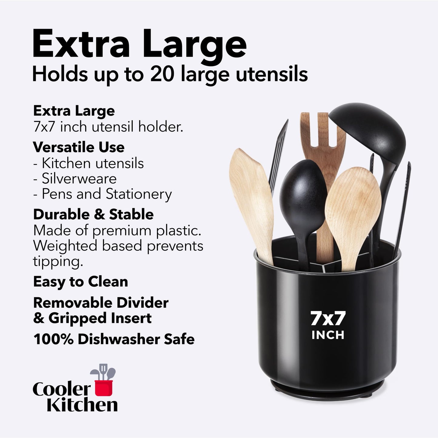 Cooler Kitchen Jumbo Extra Large Sturdy Rotating Black Utensil Holder Caddy with No-Tip Weighted Base, and Gripped Insert - Rust Proof and Dishwasher Safe Kitchen Utensils Holder