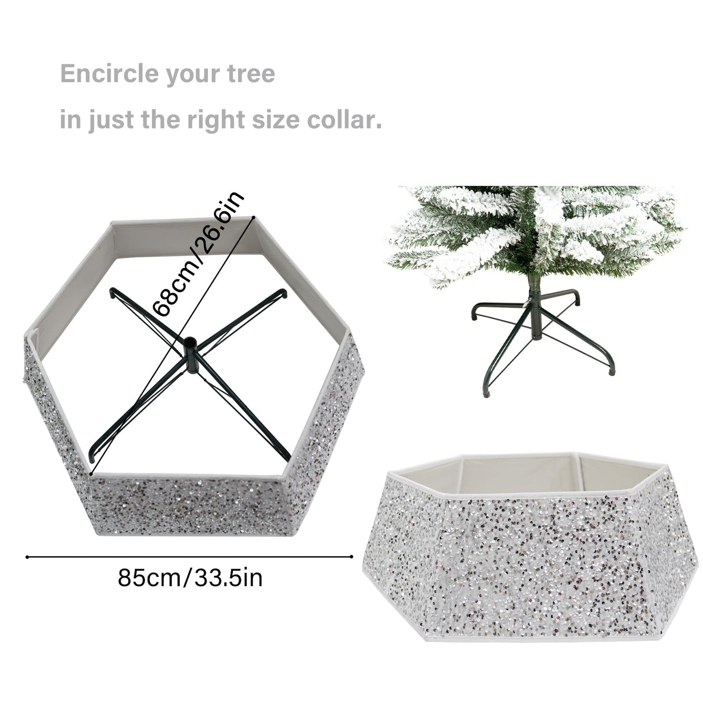 White Christmas Tree Collar with Sparkling Sequins,Christmas Tree Collars for Atificial Trees, 33.5 Inch Christmas Tree Skirt, Xmas Tree Stand Base Cover,Holiday Home Decor Tree Ring(Large)