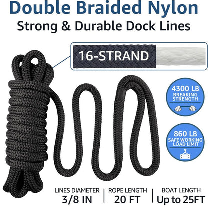PACTHSD 4 Pack 3/8" x 20' Dock Lines - Marine Grade Nylon Boat Rope with 12" Loop for Docking and Mooring - Double Braided Boat Lines, High Strength, Easy Handling, Fray Resistant - Black
