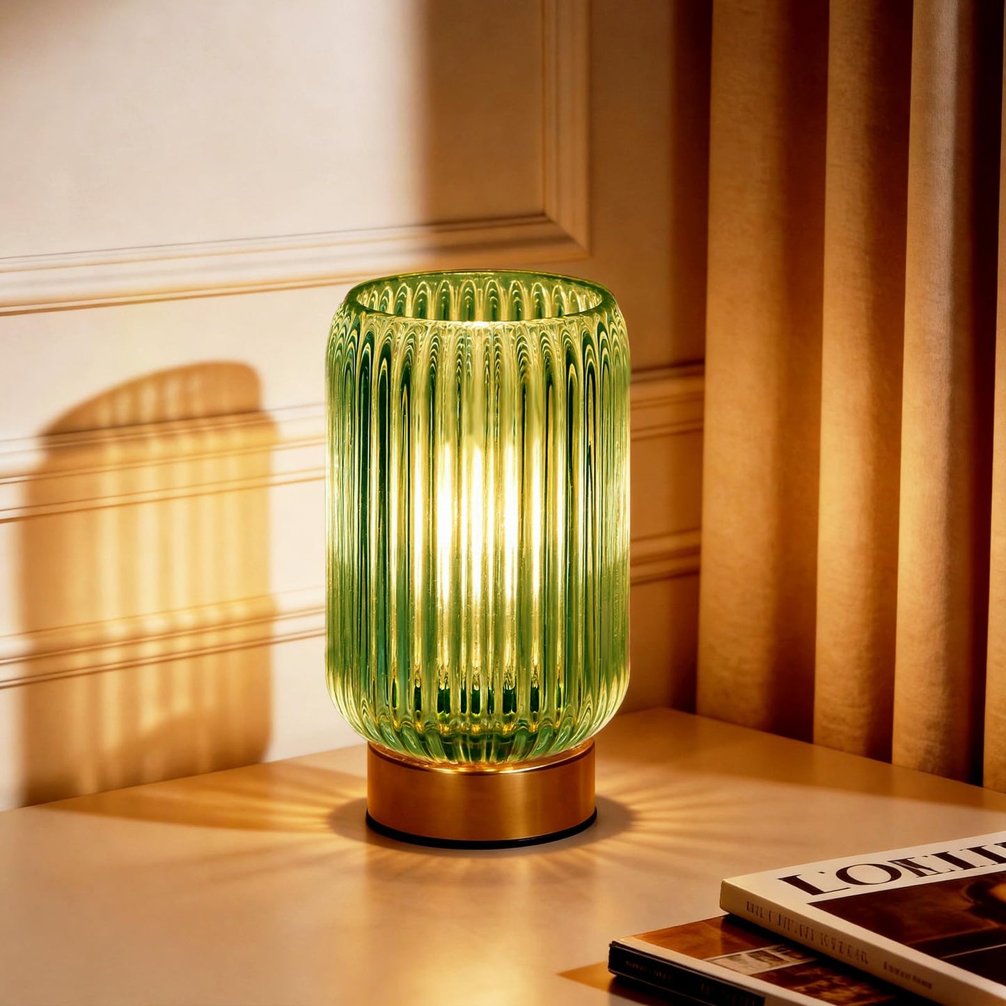 MJ PREMIER Cordless Lamp, Battery Operated Lamp with Timer, Green Glass Lampshade, Small Table Lamps for Area No Plug, Decorative Led Light for Bedroom Living Room Shelf (Green)