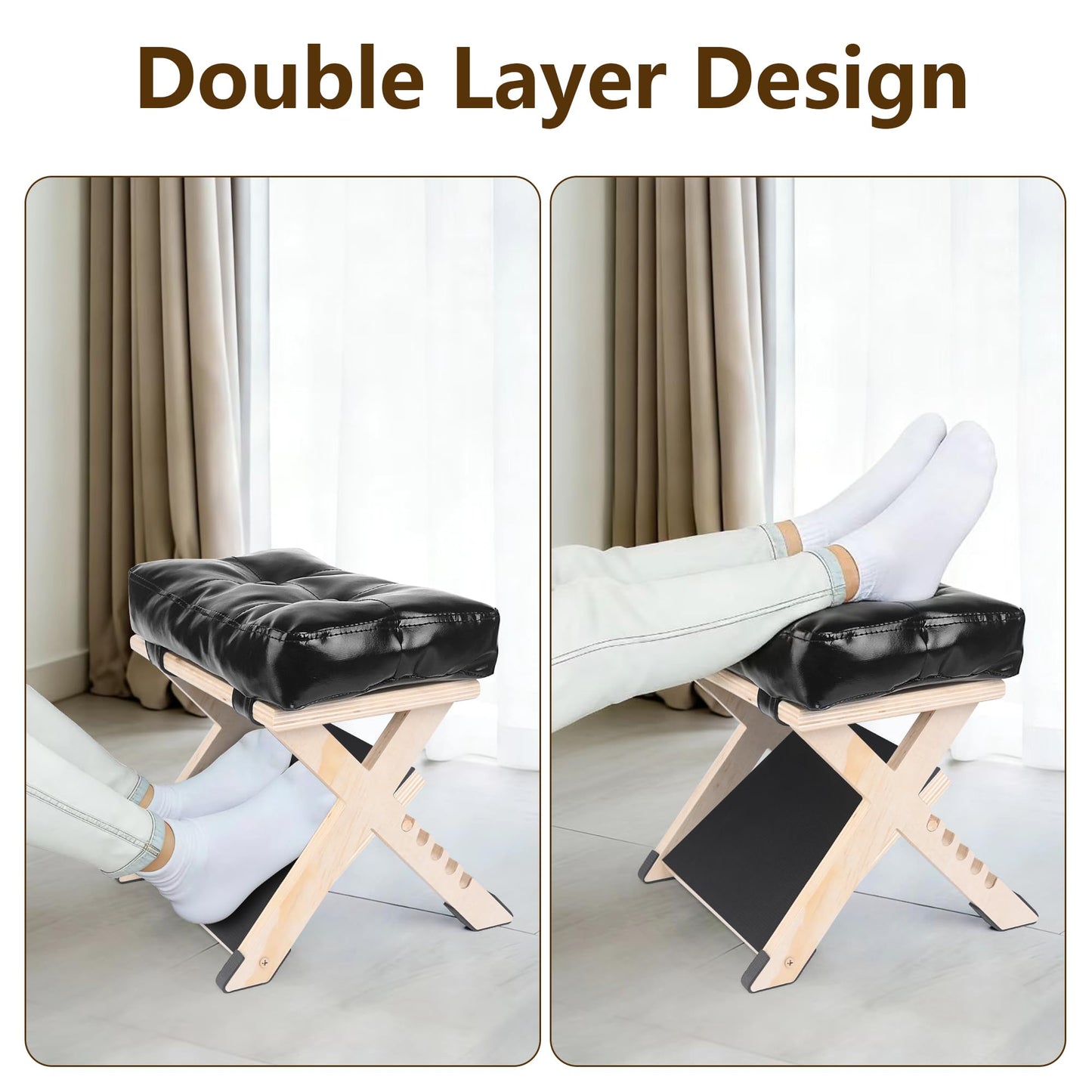 Adjustable Double Step Under Desk Footrest with 5 Height Options, Ergonomic Foot Rest Stool with Black Cushion for Office Home, Ottoman for Work and Computer Gaming Comfort.