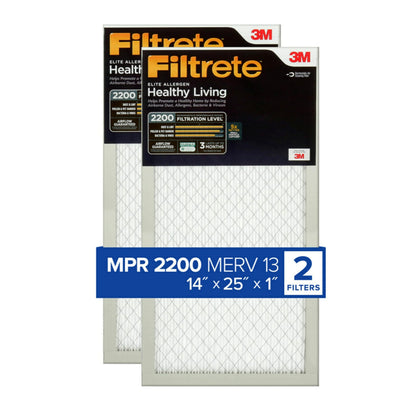 Filtrete 14x25x1 AC Furnace Air Filter, MERV 13, MPR 2200, Elite Allergen, Bacteria & Virus Filter, 3-Month Pleated 1-Inch Electrostatic Air Cleaning Filter, 2-Pack (Actual Size 13.81x24.81x0.78 in)
