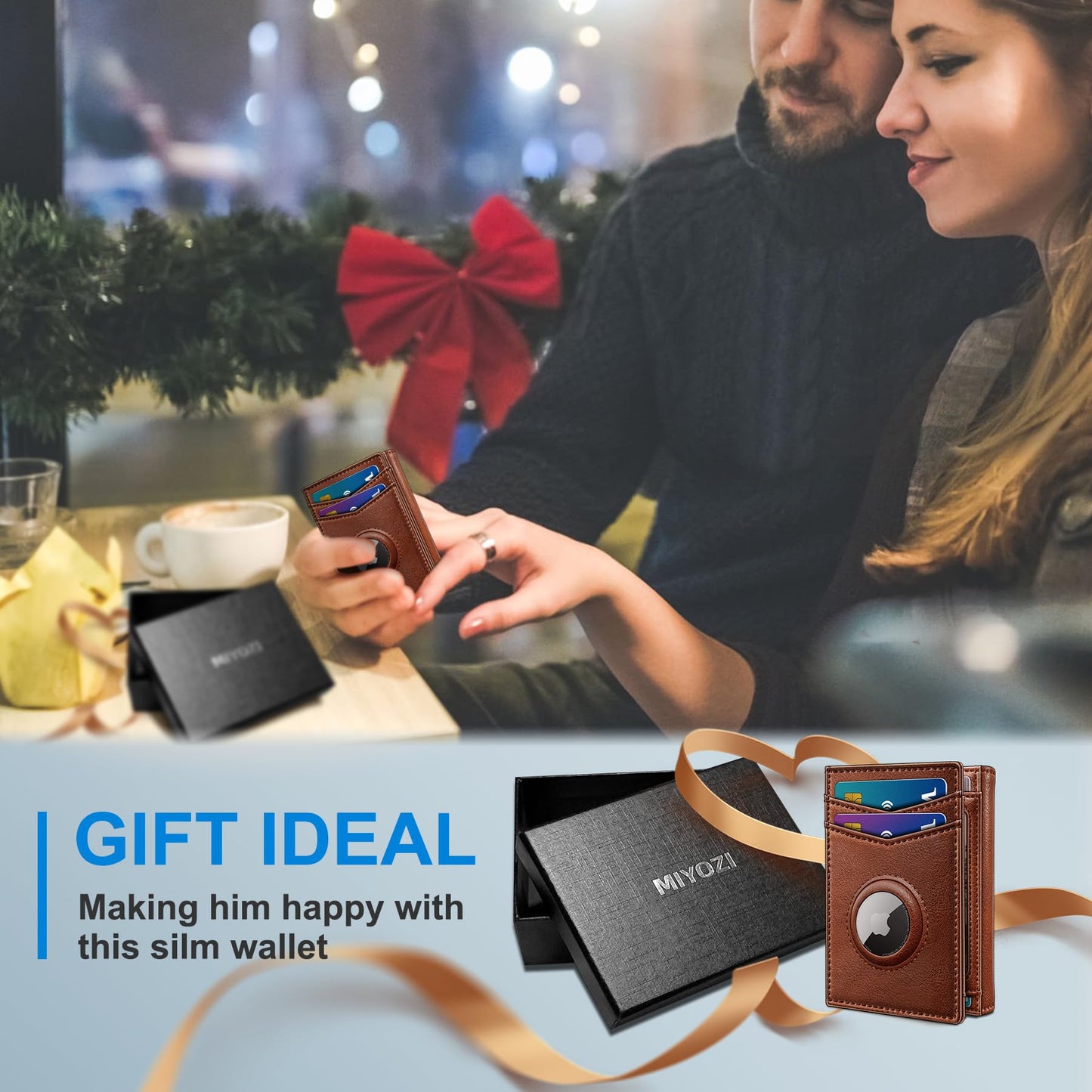 miyozi Airtag Wallet for Men,with Cash Pocket 2 ID Window 14-16 Cards Magnetic Closure Slim Trifold Leather Wallet 4.0"x3.1", RFID Blocking Front Pocket Wallet with Gift Box