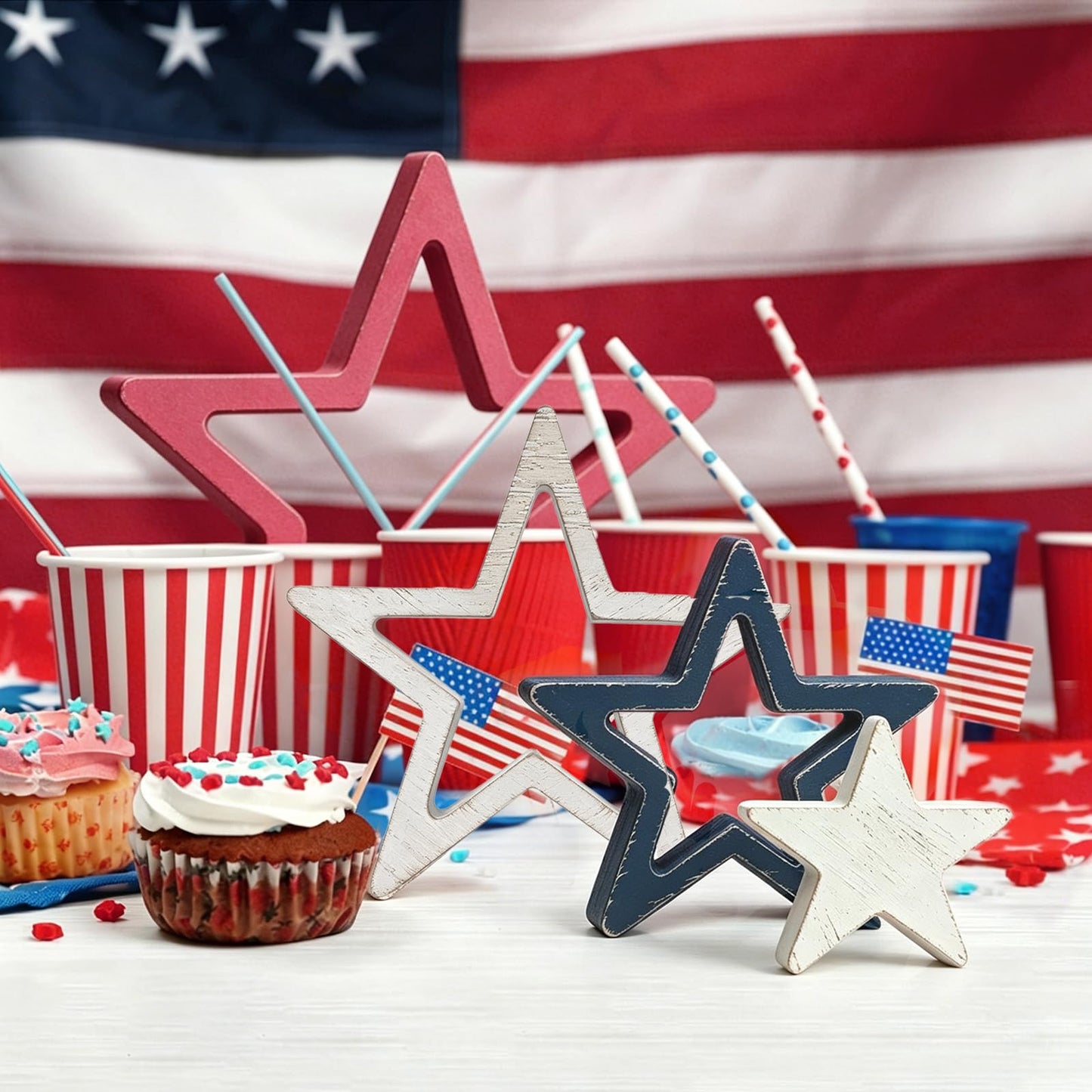 AOCEAN 4th of July Decorations Wooden Stars Set of 4, Red White Blue Stars Decorations, Retro Patriotic Memorial Independence Day Star Decor for Home Office Table Centerpieces Shelf