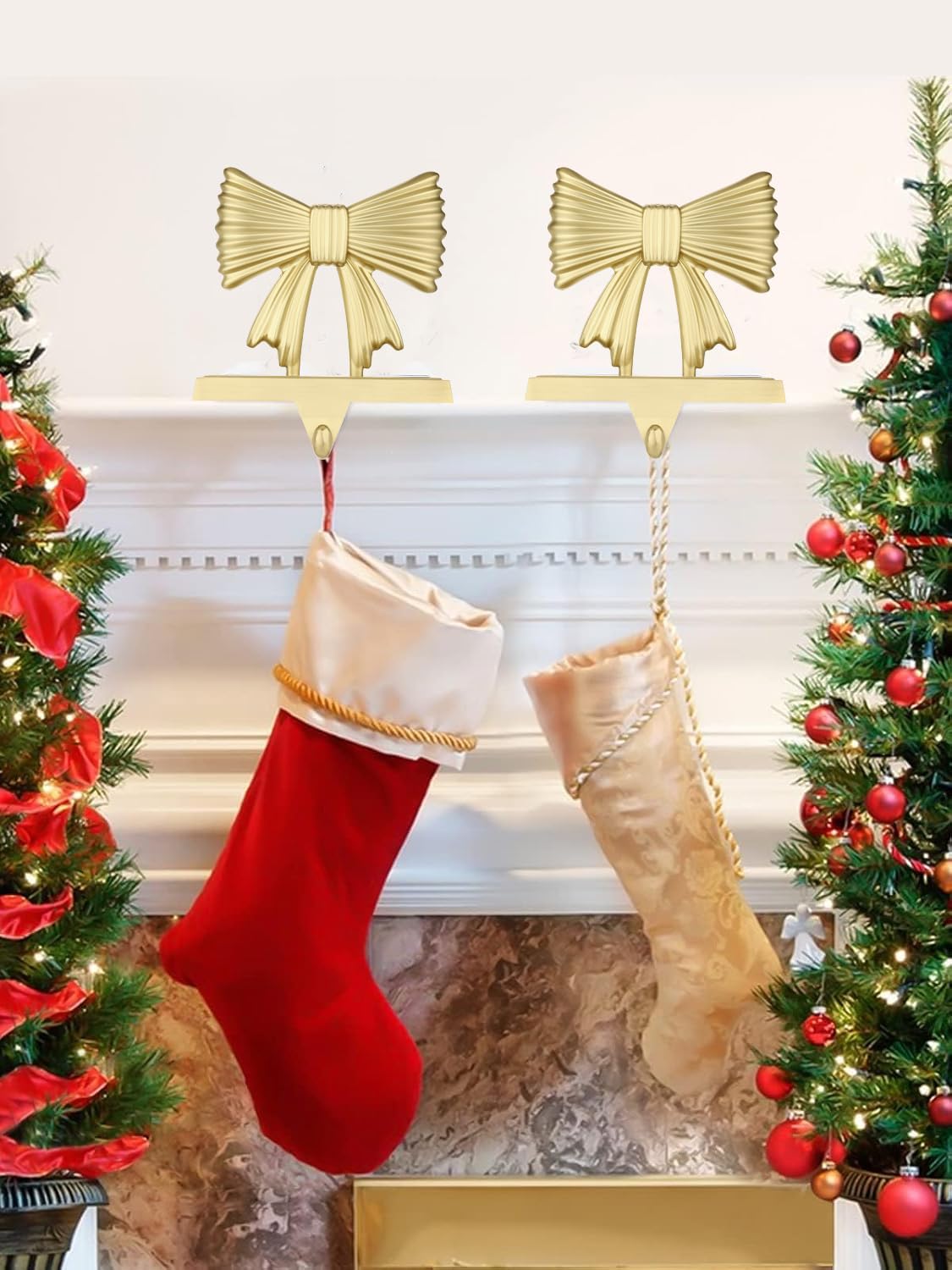 Kersiki Christmas Stocking Holders Set of 2 - Christmas Stocking Holders for Fireplace- Metal Stocking Hanger for Mantel-Stocking Hooks for Christmas Party and Home Decoration (Gold Bowknot)