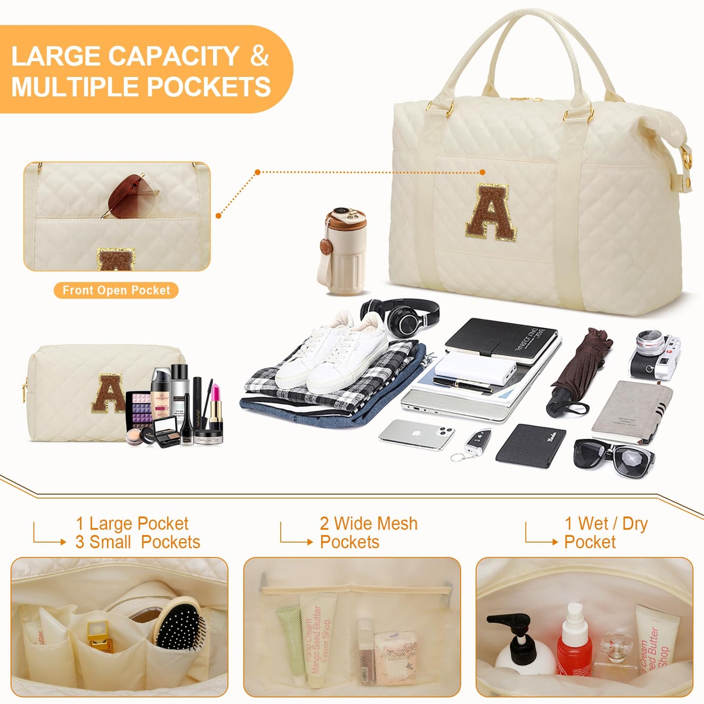 Gifts for Women, Initial Travel Duffle Bag, Personalized Weekender Overnight Bags, Gift for Mom Friend College Girl Graduation Teacher（Beige,A)