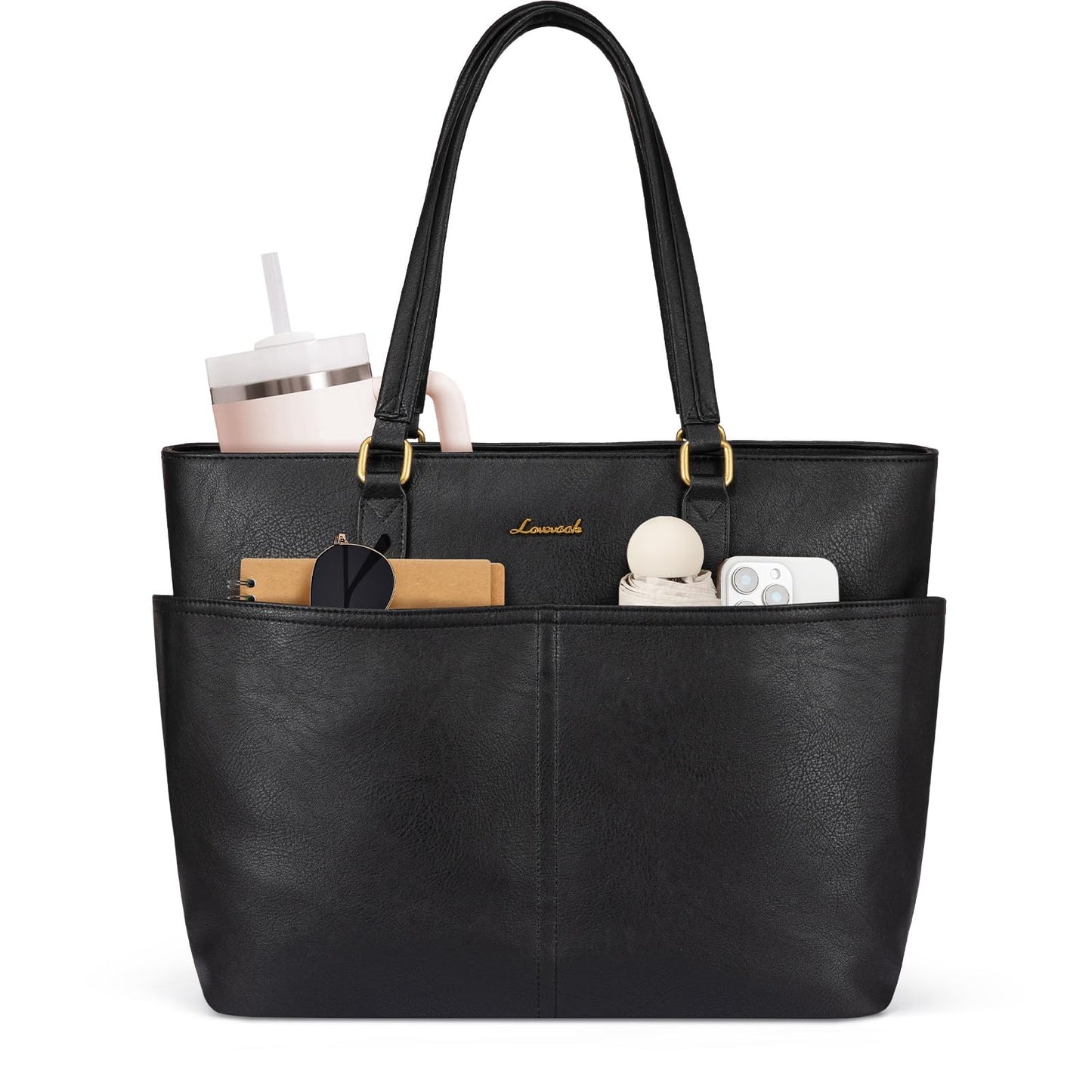 LOVEVOOK Work Tote Bags for Women, Vintage Leather 15.6 Inch Laptop Bag with Large Cup Holder, Teacher Nurse Medical Professional Computer Bag, Office Briefcase Handbag Gift